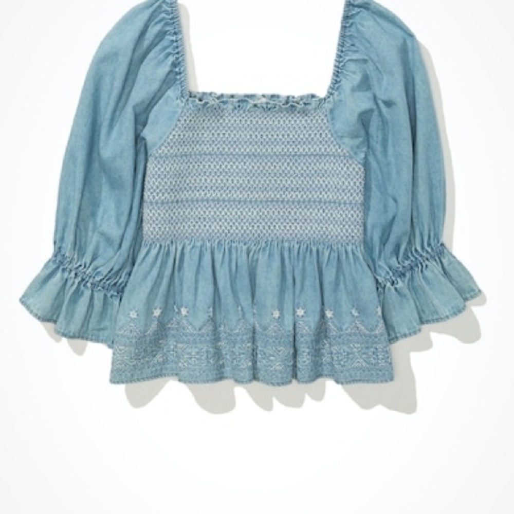 American Eagle Outfitters Blue Puff Sleeve Smocked Blouse